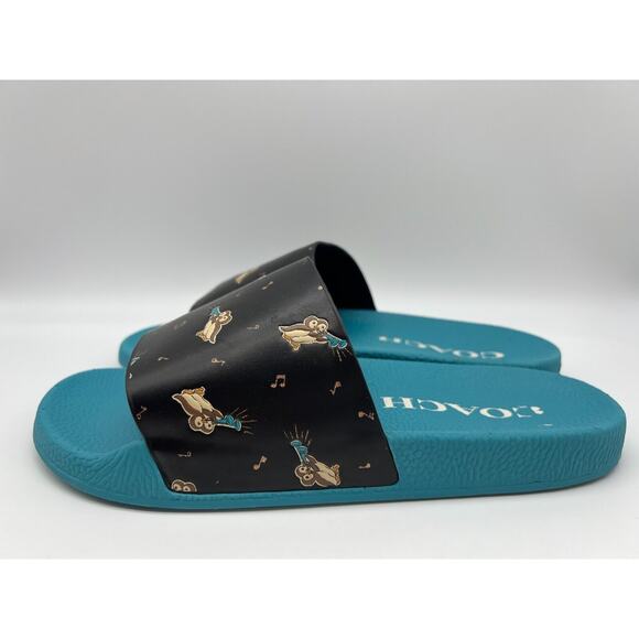 Coach Women's Udele Sport Slide Bird Printed Black Blue C6965 Size 10B - Picture 2 of 12